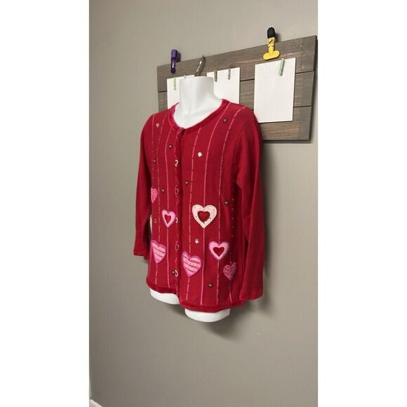 The Quacker Factory Valentine Cardigan Sweater Beaded Hearts Red/Pink Medium - Picture 2 of 16